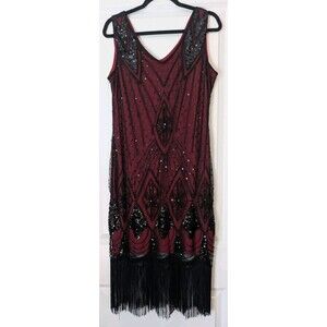 PrettyGuide Flapper Dress Red Black Whimsigoth Art Deco Fringe V Neck Size L